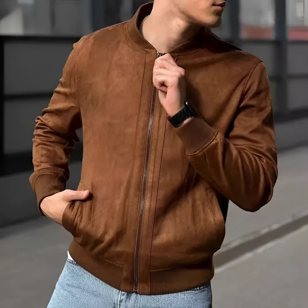European and American Leisure Suede Solid Color Coat in brown, regular length polyester fibre jacket