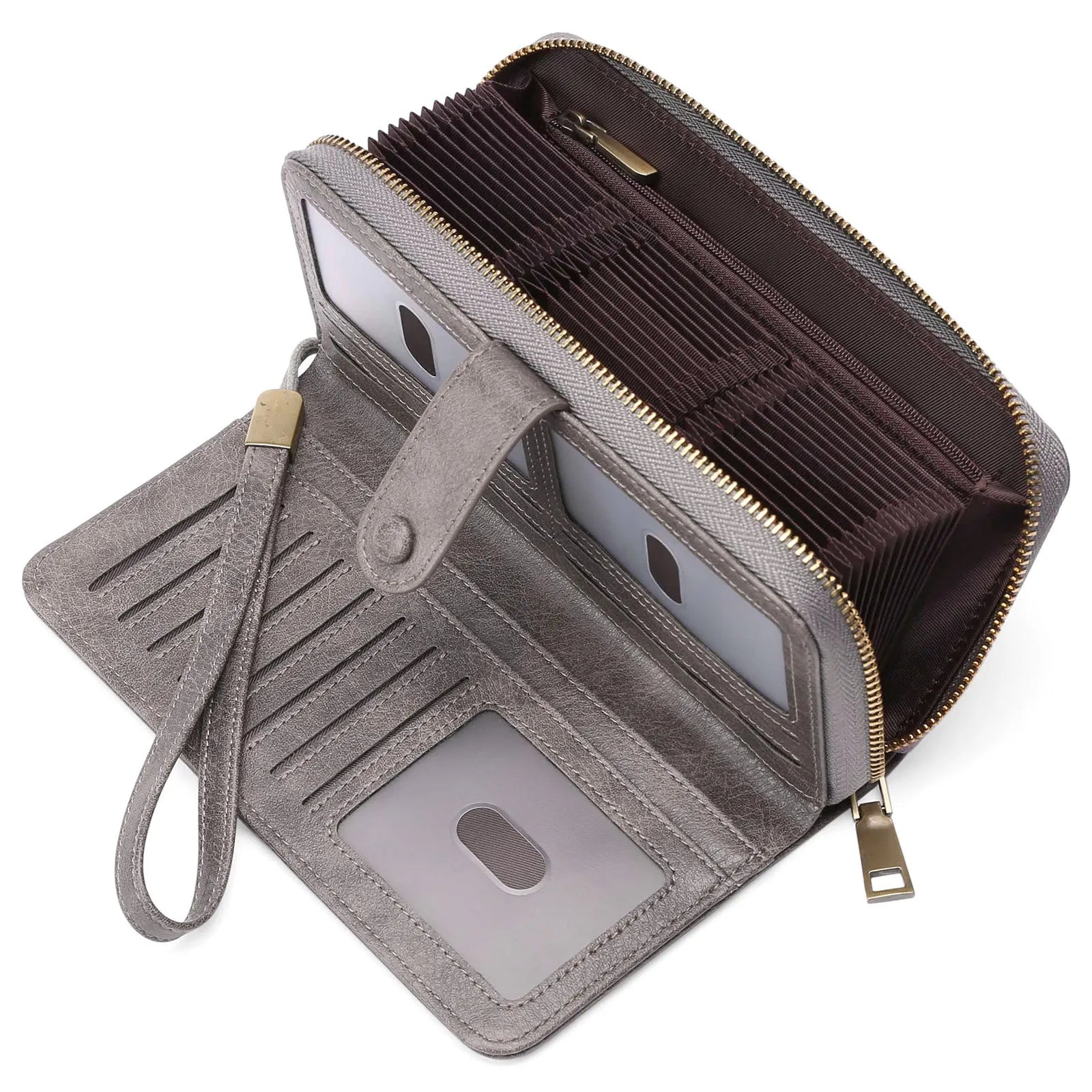 Women's expanding long wallet in light blue with card slots, passport pocket, and anti-theft swiping feature.