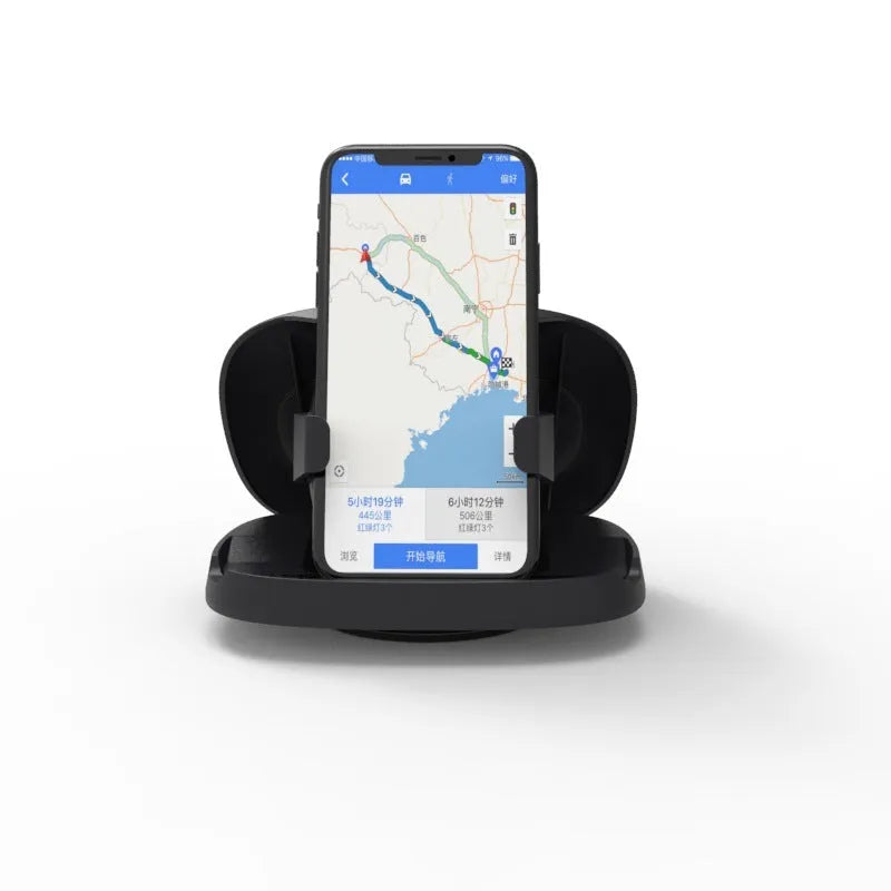 Black rotating suction cup car phone holder mounted on windscreen with smartphone in cradle