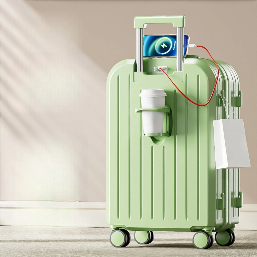 Small lightweight password suitcase in Titanium Gray with striped ABS PC shell and universal wheels