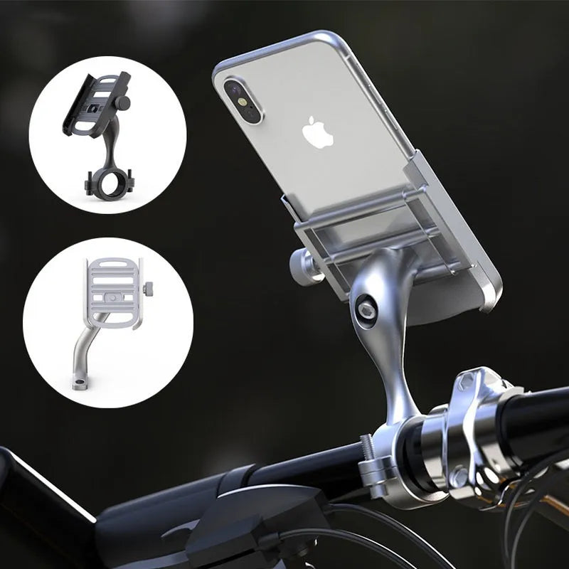 Aluminum alloy motorcycle bike phone holder with double adjustment joints attached to handlebar, blue finish