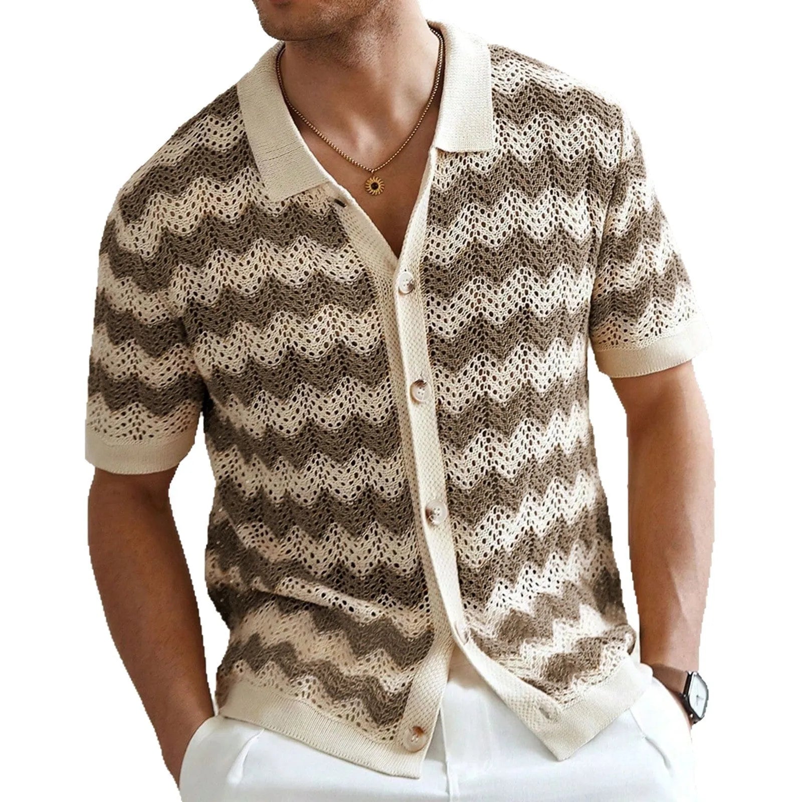 Short sleeve corrugated sweater with jacquard pattern in blue, brown, or yellow colours