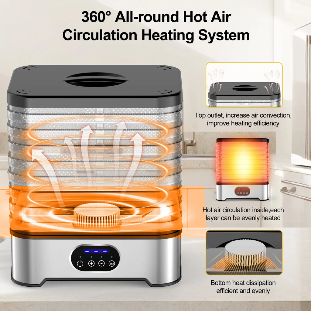 Silver or red household food dehydrator with 8 drying trays, collapsed for storage at 29cm height