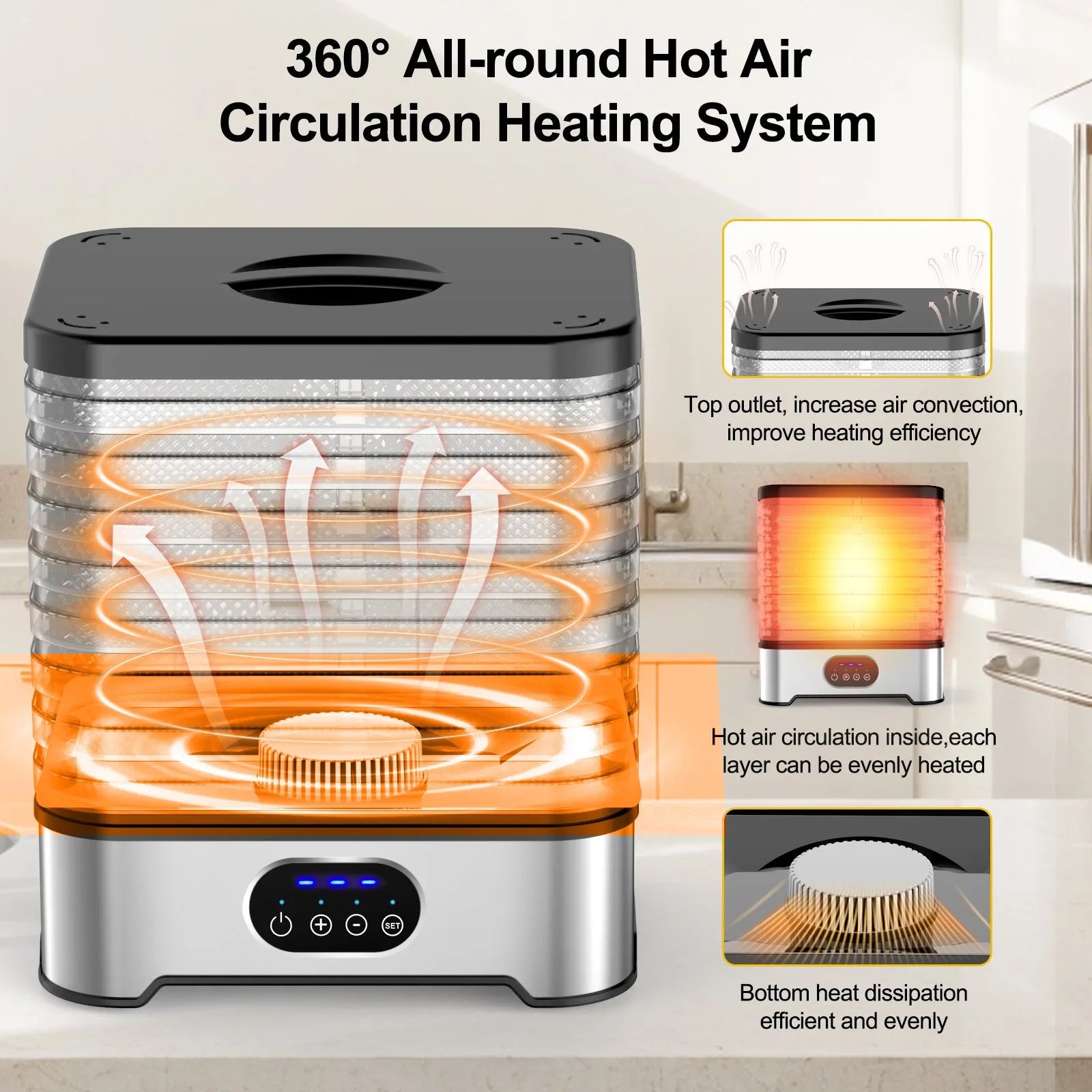 Silver or red household food dehydrator with 8 drying trays, collapsed for storage at 29cm height