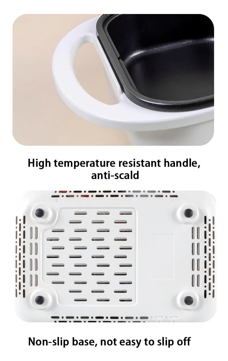 White or green household electric hot pot with mechanical controls, shown with dimensions.