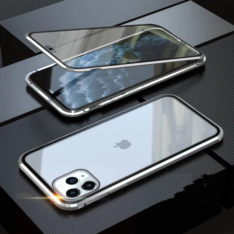 Tempered glass anti-spy phone case for iPhone with geometric pattern in black silver red gold green or blue