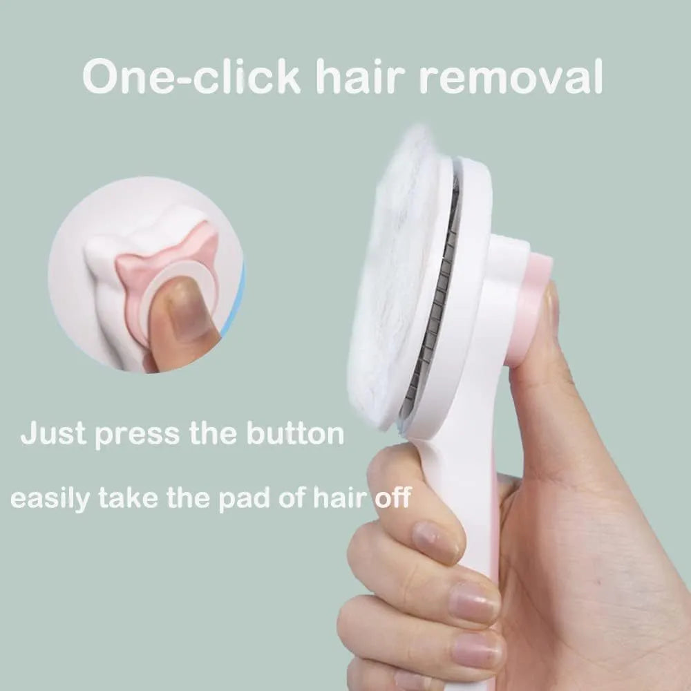 Blue self-cleaning cat grooming brush with rubber-tipped metal pins and ergonomic rubber handle