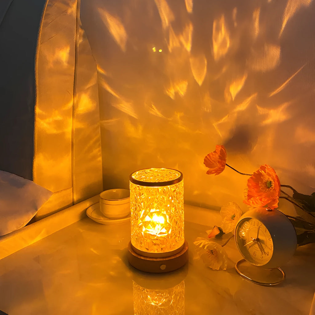 Rotating water ripple night light with acrylic shade and wooden base showing colourful lighting mode