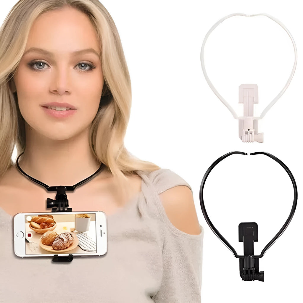 Black ABS plastic neck phone holder showing flexible ring and smartphone mounting mechanism