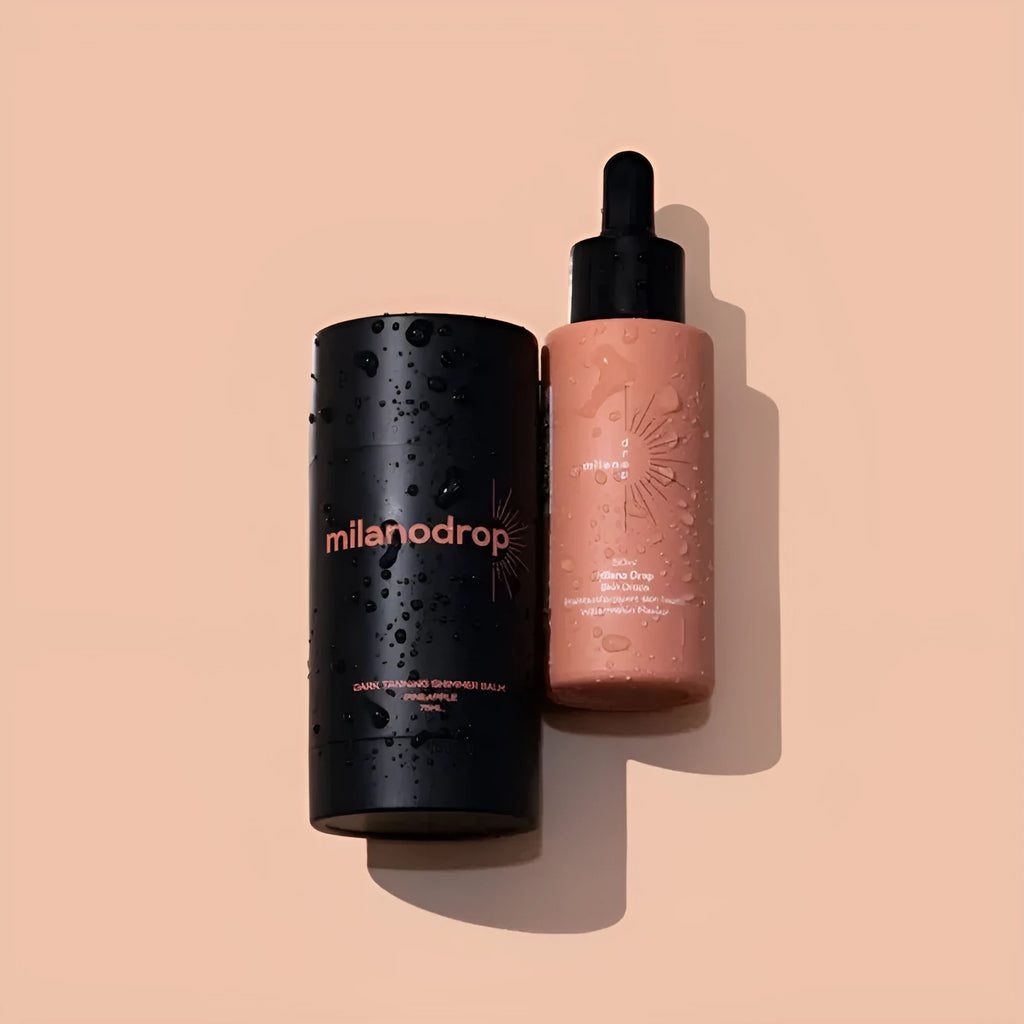 Matte sun tanning black liquid kit with 50ml tanning drops bottle and 75ml tanning flash cream tube.