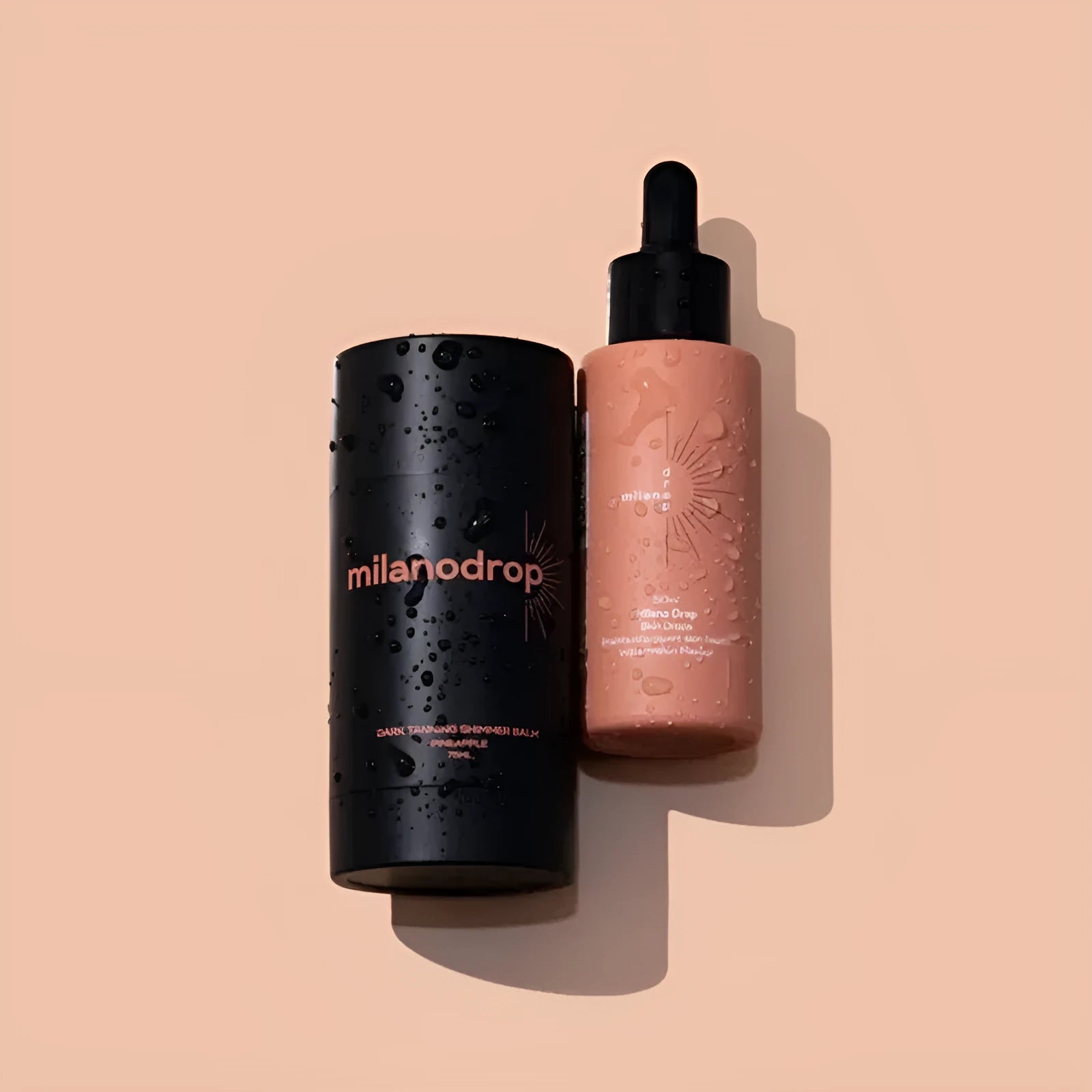 Matte sun tanning black liquid kit with 50ml tanning drops bottle and 75ml tanning flash cream tube.