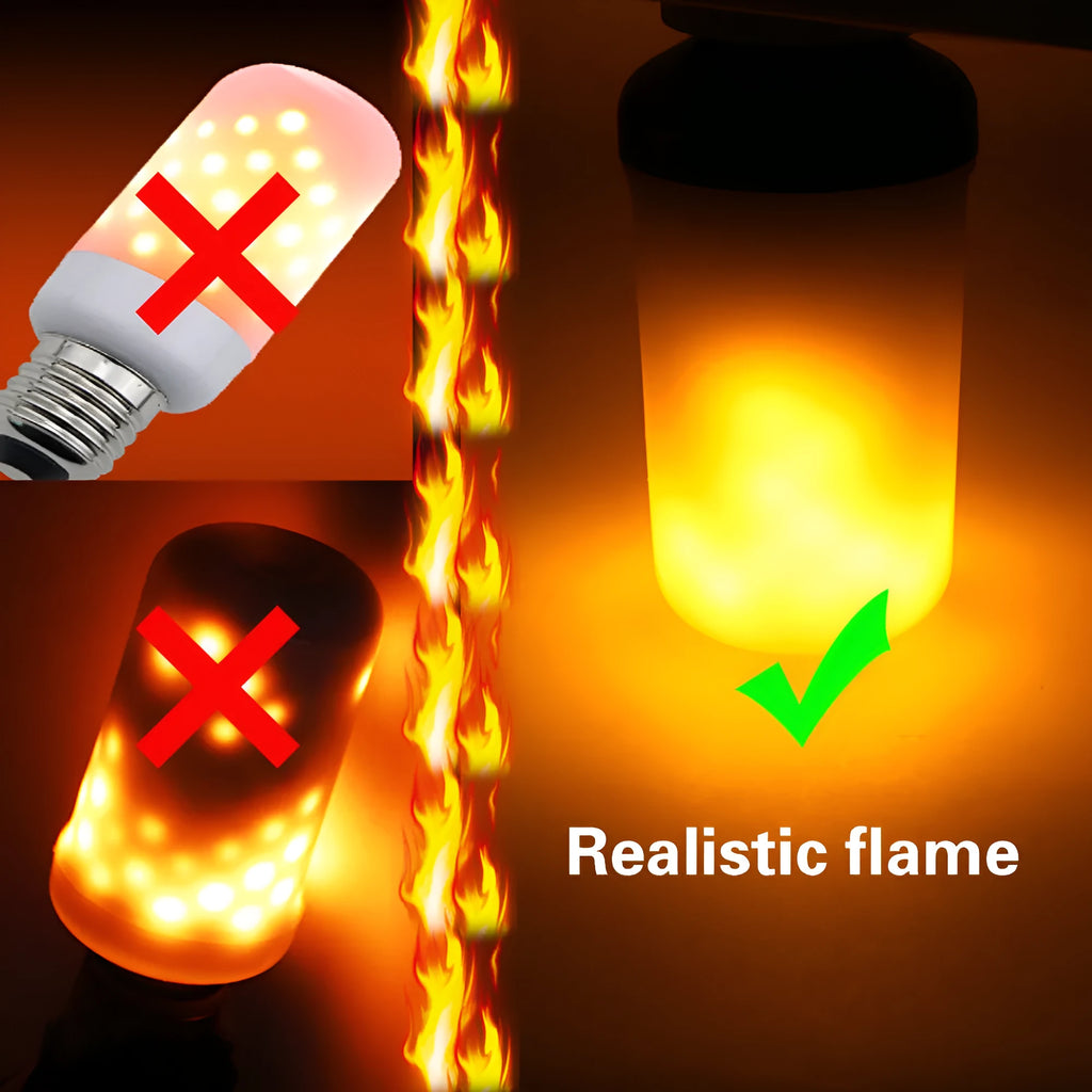 Orange and clear LED flame effect light bulb with flickering fire emulation on an E27 base.