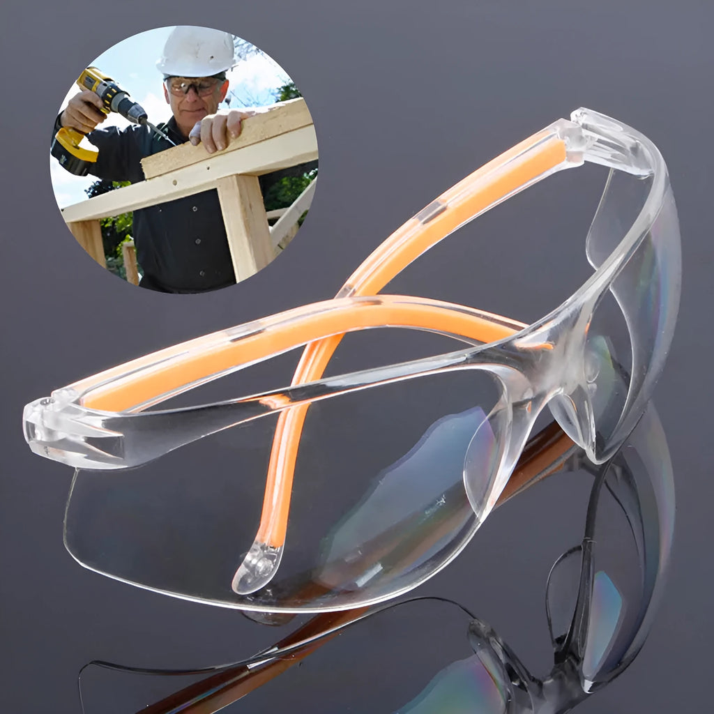 Transparent safety goggles with yellow tinted polycarbonate lenses for lab and welding protection.