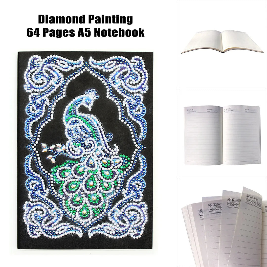Black A5 diamond painting notebook for peacock art with shaped and bright drill decoration