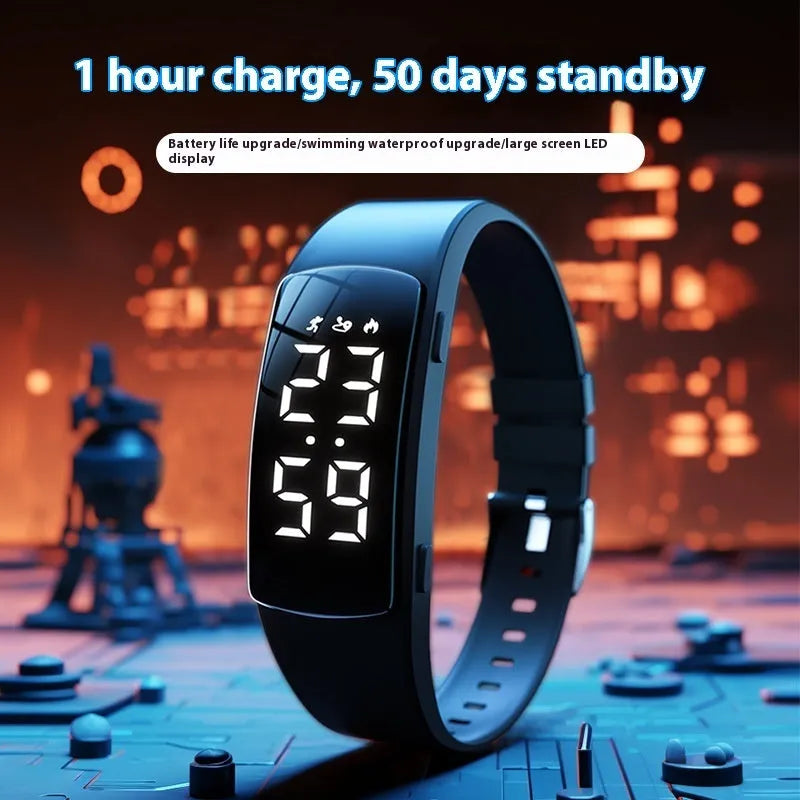 Vibration alarm smart watch with coloured silicone strap and LED display on a wrist.