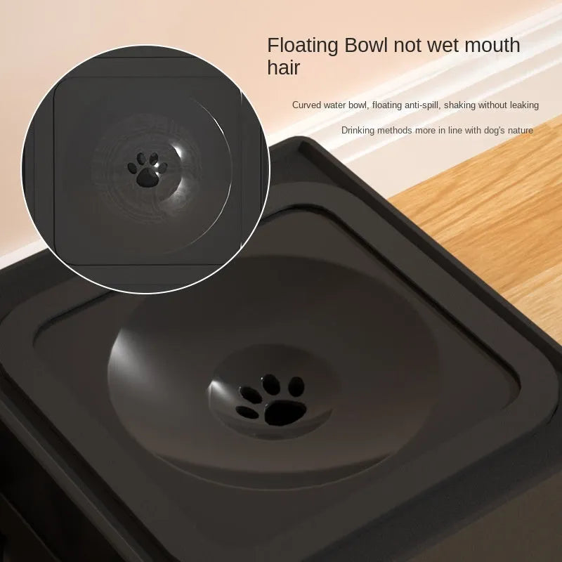 Adjustable height elevated dog feeding stand with stainless steel bowls in black