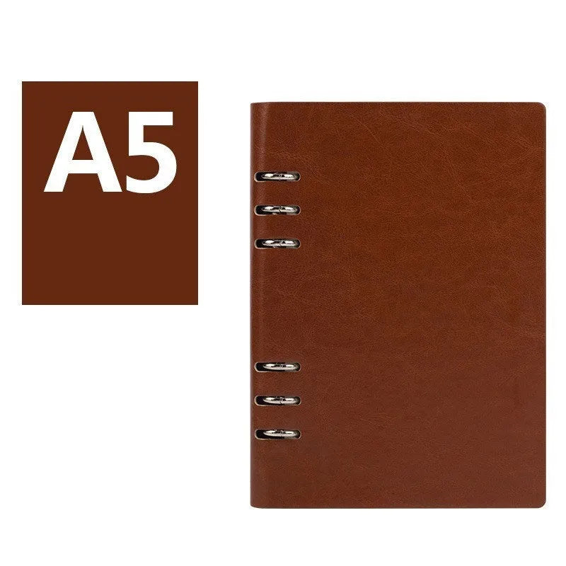 Simple loose-leaf business notebook with imitation leather cover, shown in multiple colour and size options.