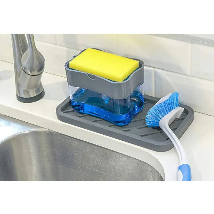 Plastic kitchen soap dispenser in choice of black, grey, pink, or silver colours on a countertop.