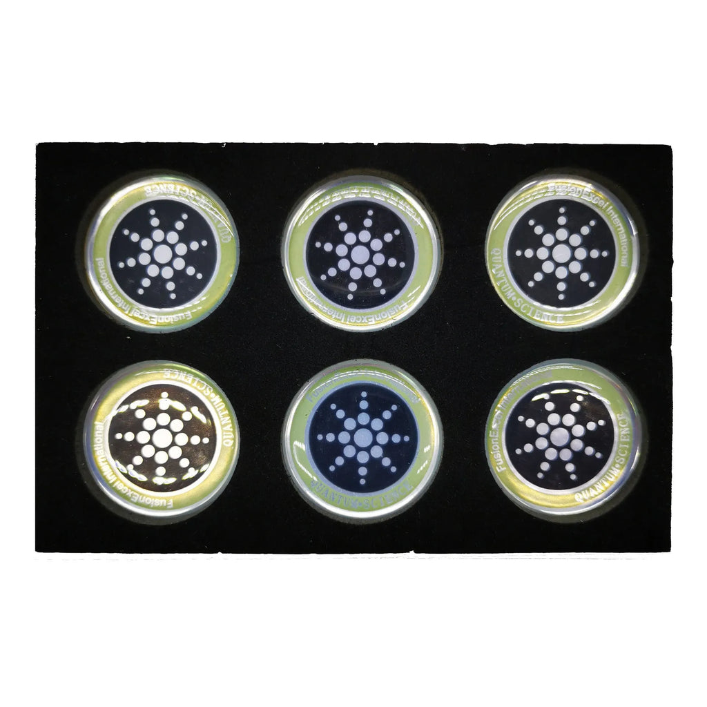 Pack of six gold and silver anti-radiation mobile phone stickers on a white background.