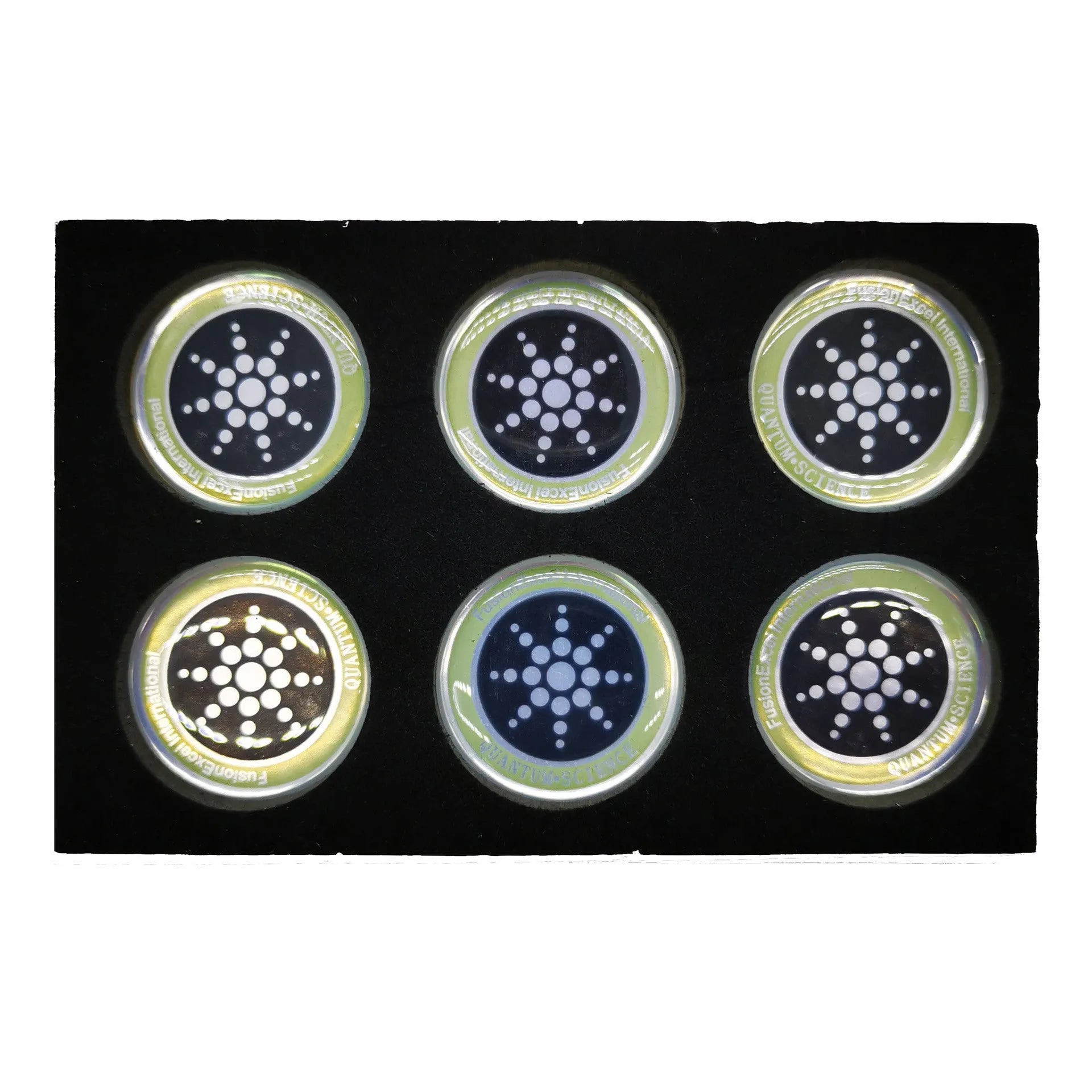 Pack of six gold and silver anti-radiation mobile phone stickers on a white background.