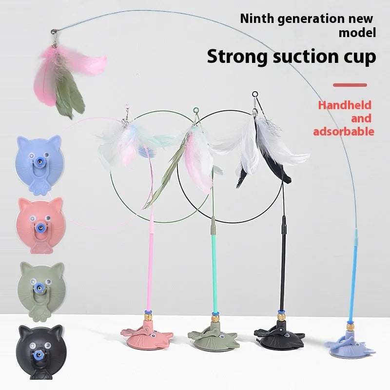 Cat teaser toy with suction cup mount, bell, and feather attachments in multiple colour variations