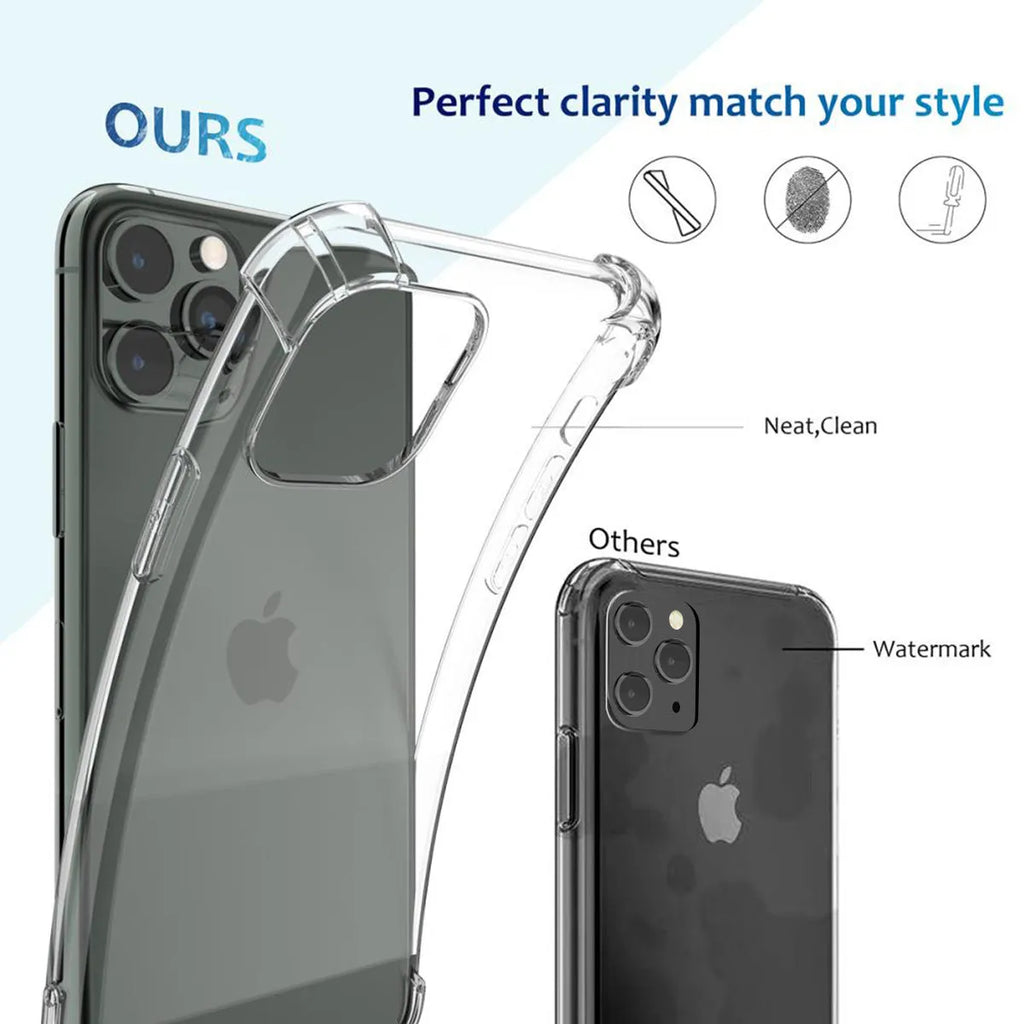 Clear transparent shockproof TPU case for Apple iPhone on a white background.