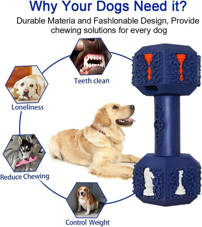 Durable dumbbell-shaped dog chew toy with textured surface and hollow ends for treats in black or blue