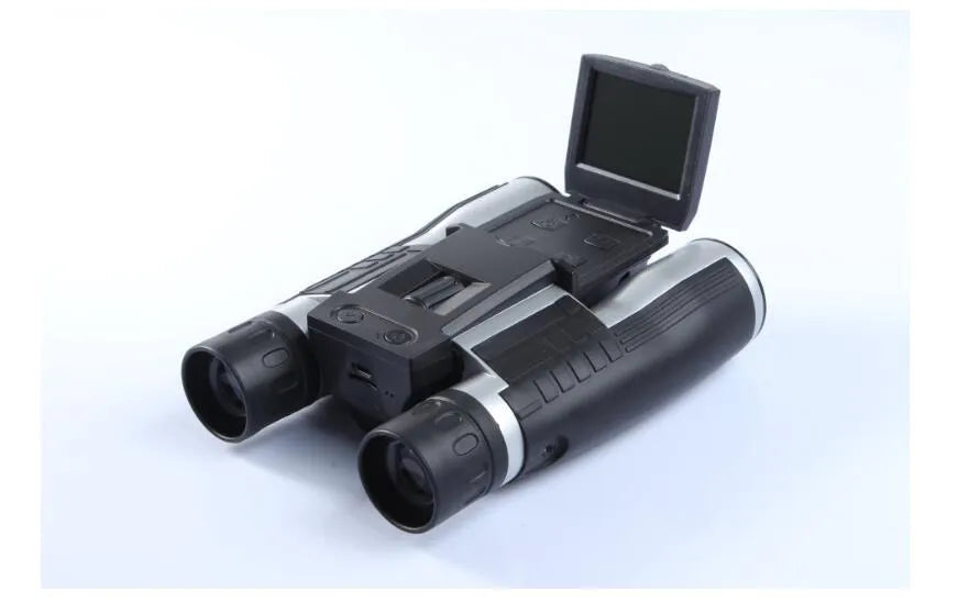 12x32 digital camera binoculars in black with 10x optical zoom, 2.5 inch LCD screen, and nylon waistbag