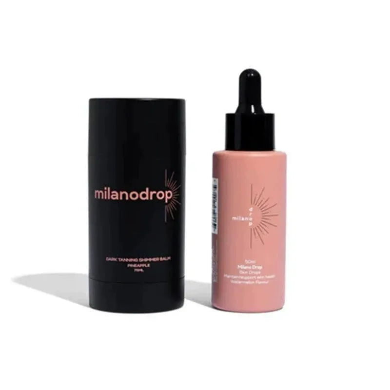 Matte sun tanning black liquid kit with 50ml tanning drops bottle and 75ml tanning flash cream tube.
