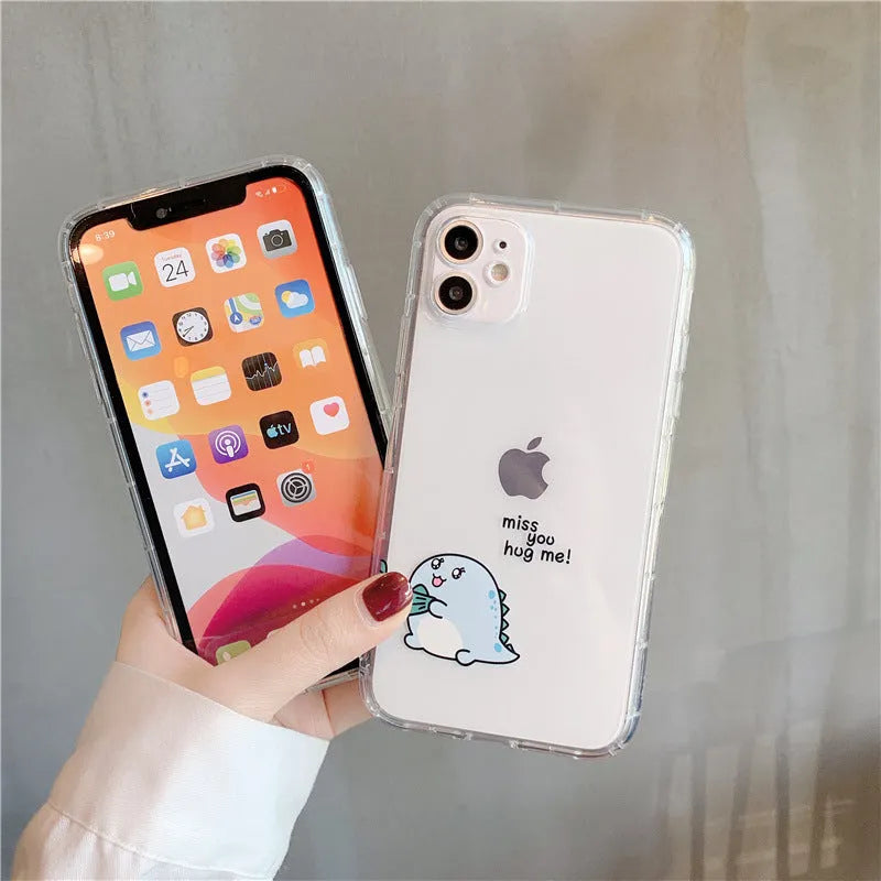 Transparent airbag shockproof mobile phone case for iPhone with green dinosaur design on clear back.