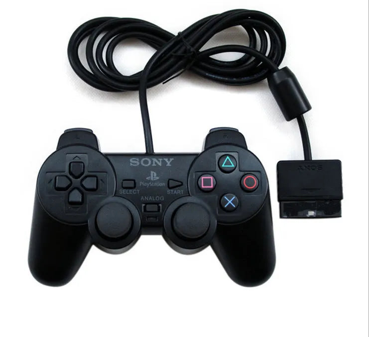 PS2 wired game controller with USB cable, shown in bare metal colour finish