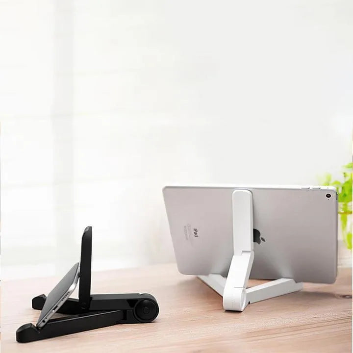 Black foldable tablet holder showing folded size and non-slip rubber surface for device protection