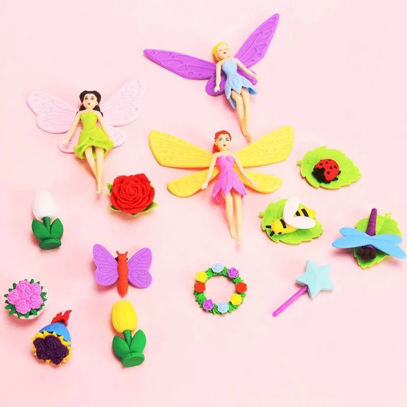 Box of twelve TPR erasers for pencil modification showing Flower Fairy and Mermaid designs