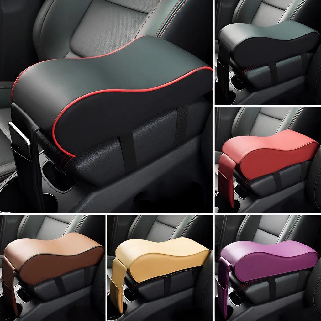 Black PU leather car armrest pad for centre console with dimensions 34x11x16cm