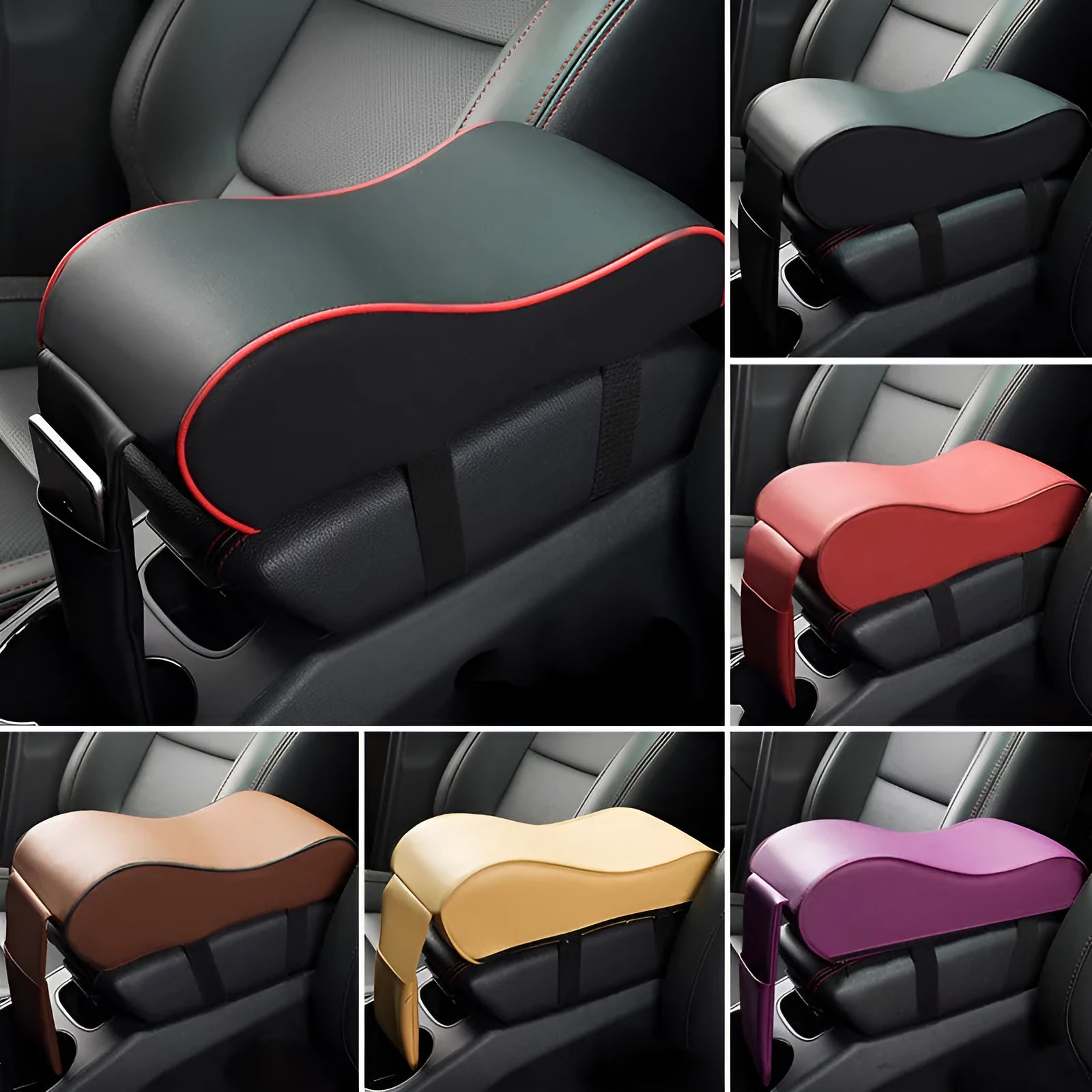 Black PU leather car armrest pad for centre console with dimensions 34x11x16cm