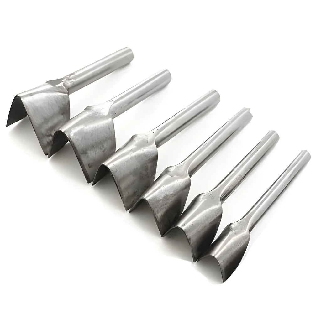 Six steel leather punch tools showing half-round and V shapes in sizes 15mm to 40mm on a work surface.
