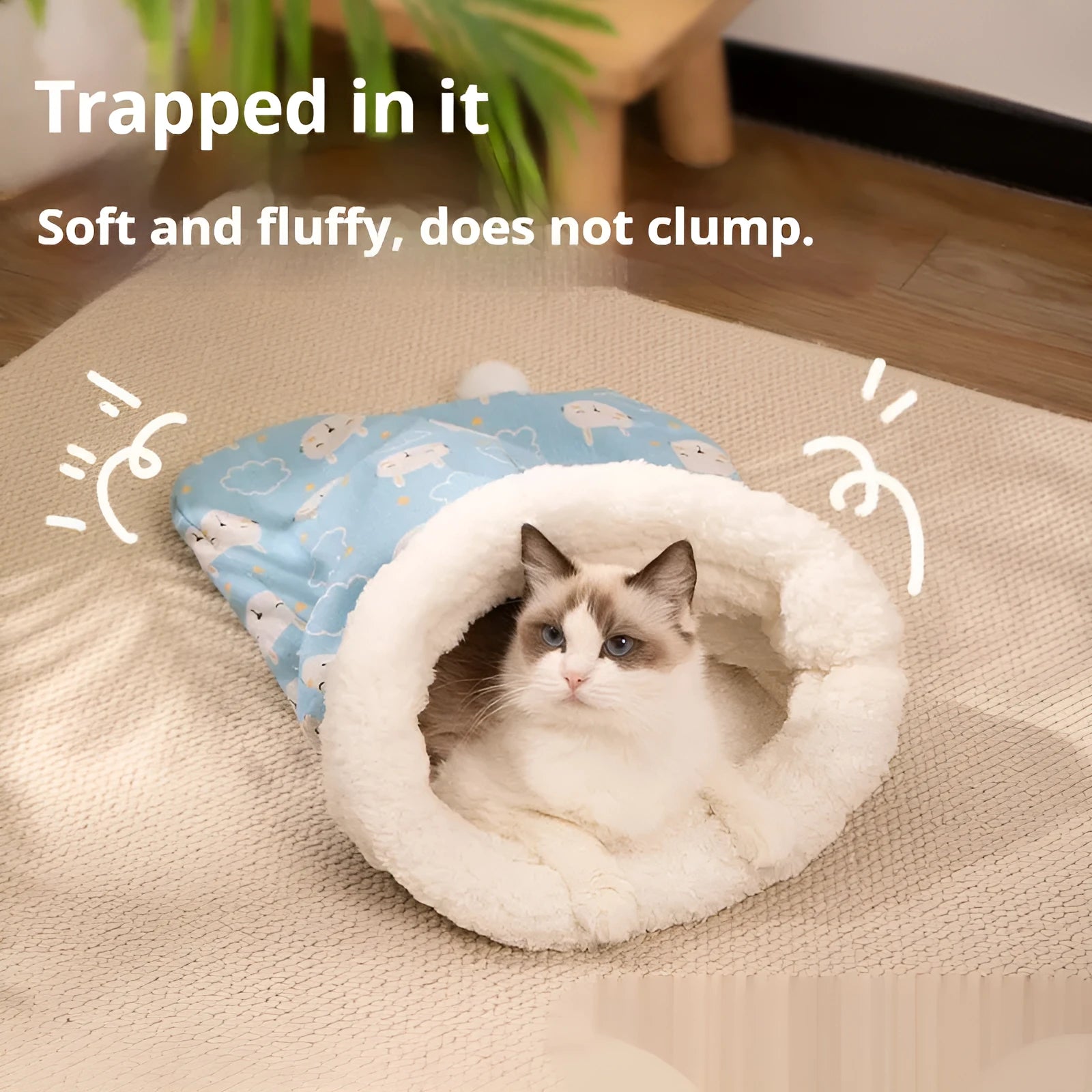 Pink, blue, and striped cat sleeping bag nests measuring 50 by 40 centimetres.
