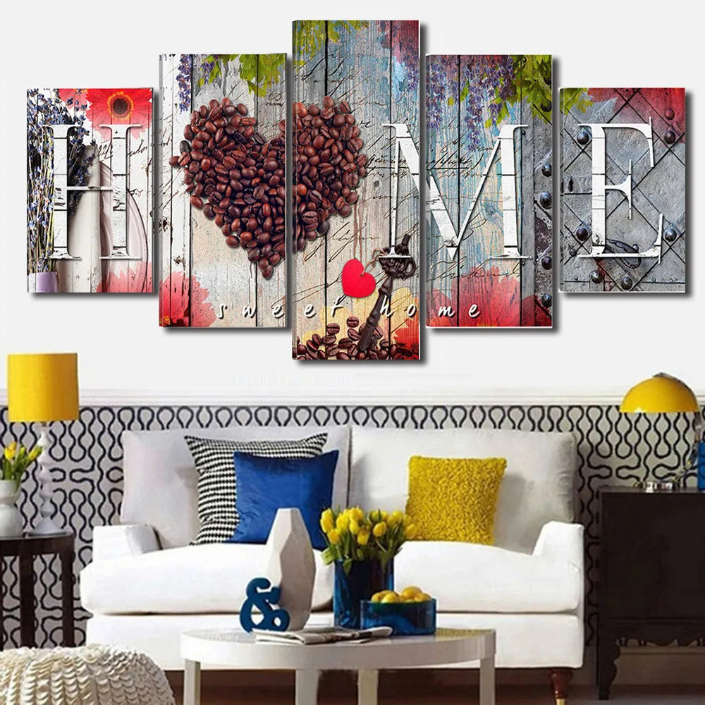Set of five unframed red oil painting decoration boards in various sizes arranged on a wall.