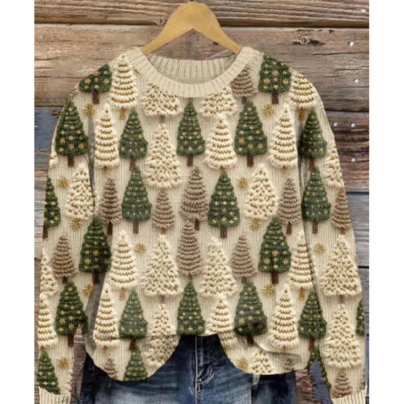 Women's little flower digital print round neck long sleeve sweater in a blue colour variant.