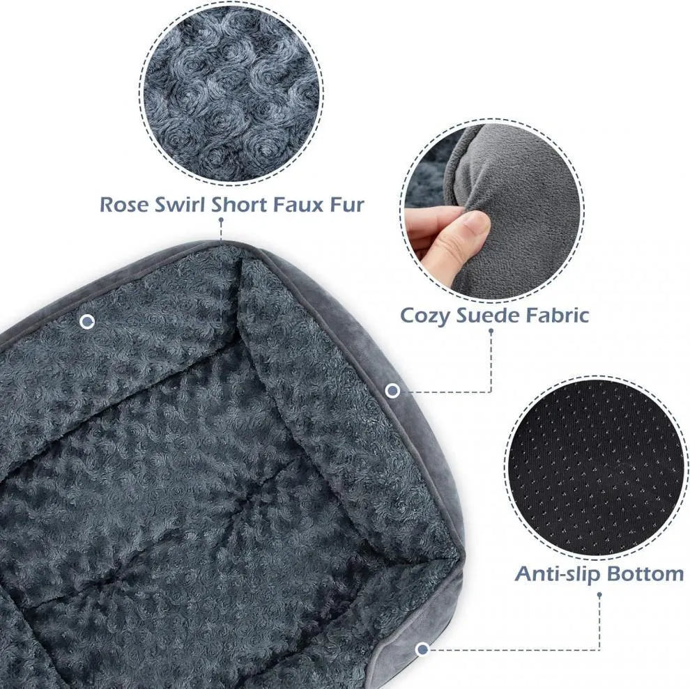 Beige stuffed kennel-style dog bed for a large golden retriever, showing plush nest design.