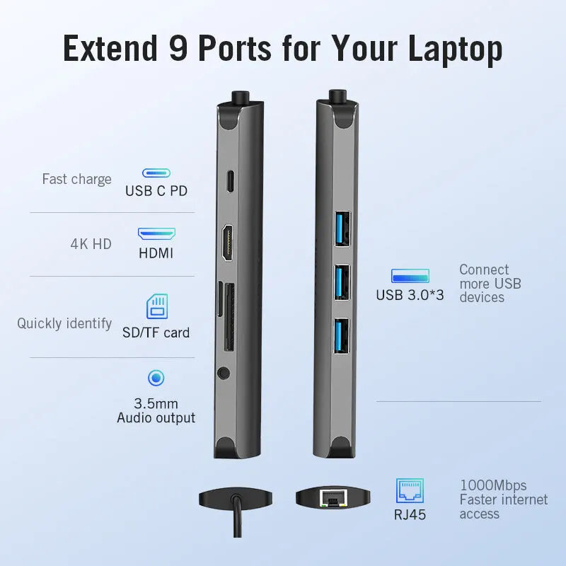 Deep grey USB-C to HDMI hub with Ethernet, USB ports, and memory card slots on a desk next to a laptop.