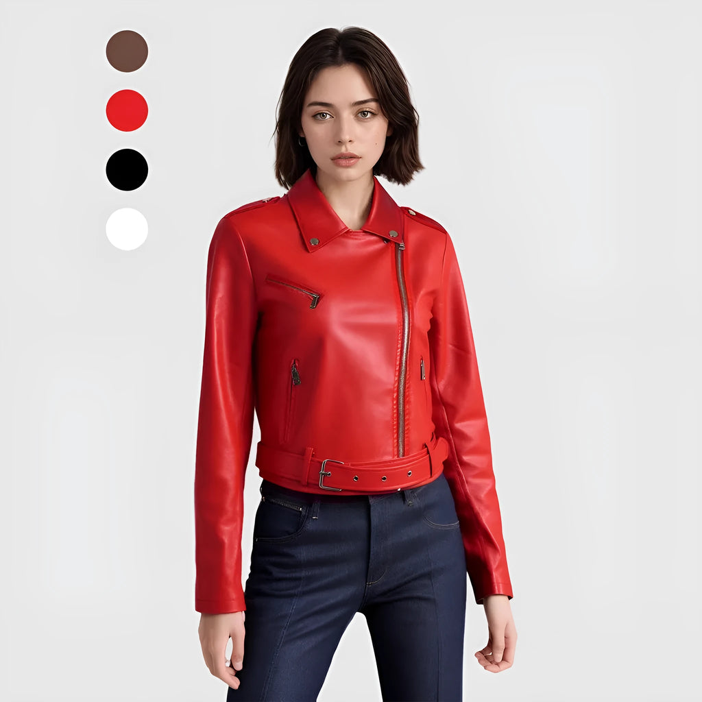 Women's red PU leather lapel jacket with an integrated short belt, shown on a model.