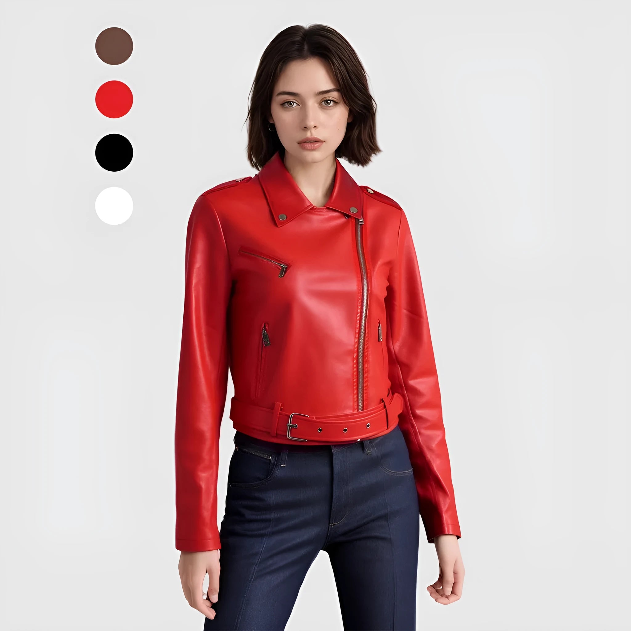 Women's red PU leather lapel jacket with an integrated short belt, shown on a model.