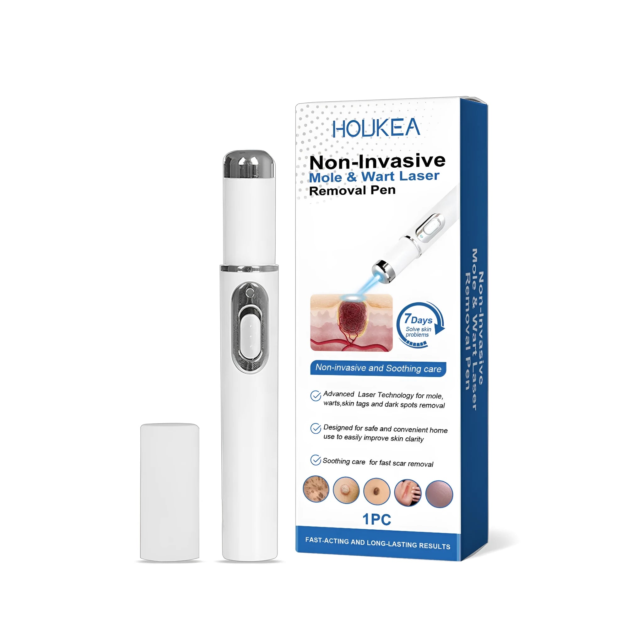 A handheld white ABS plastic laser pen for non-invasive mole and wart removal treatment.