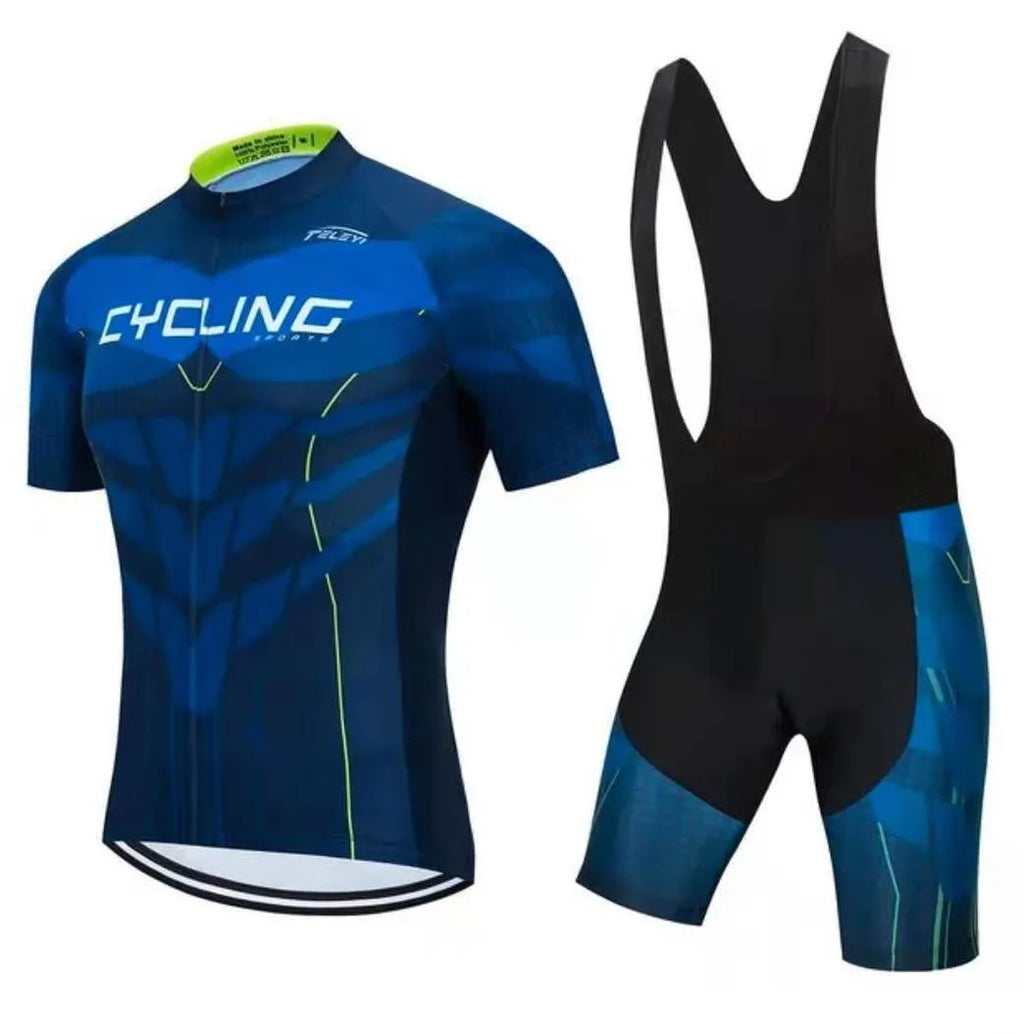 A man and woman wearing a matching blue cycling jersey and shorts set for summer road biking.