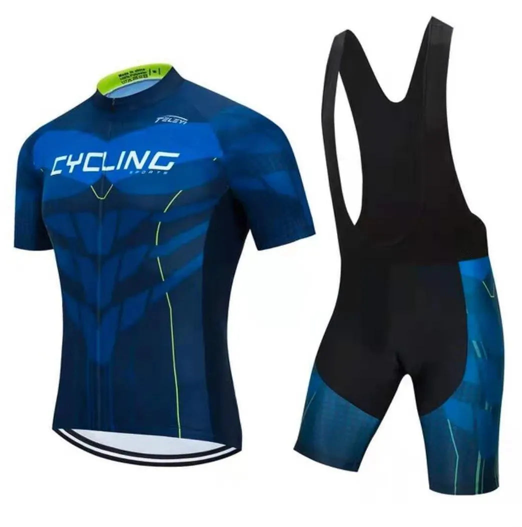 A man and woman wearing a matching blue cycling jersey and shorts set for summer road biking.