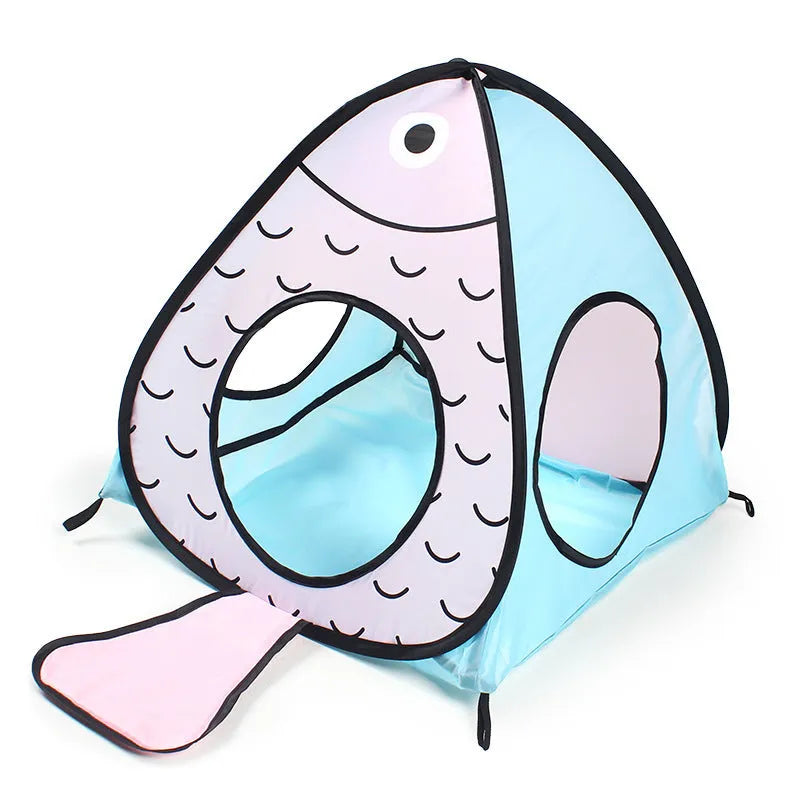 Foldable grey cat tent connected to a tunnel, featuring a cat and fish print design.