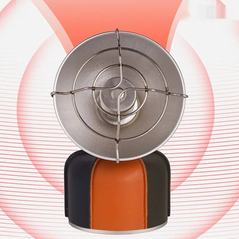 Portable outdoor heating stove with black and orange design showing automatic press ignition