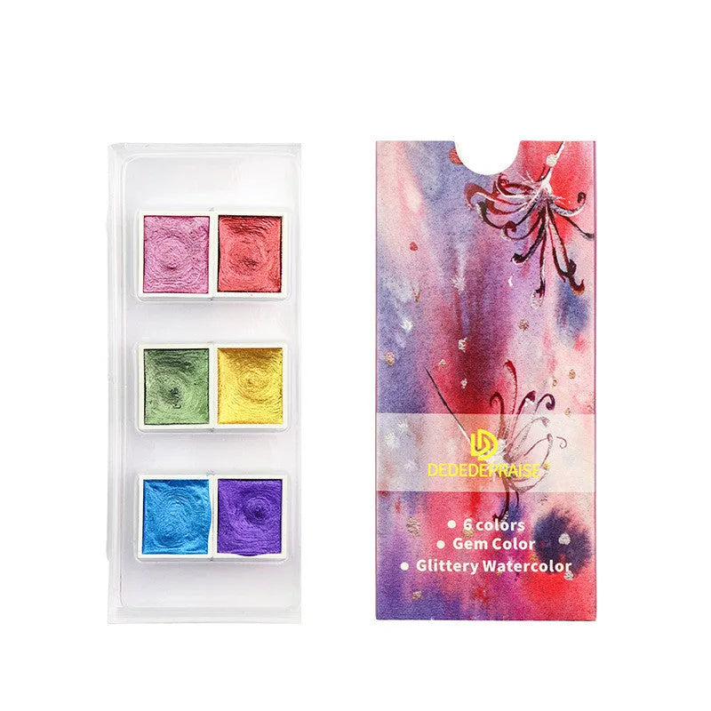 Boxed solid watercolour pigment set with pearlescent finishes in three colour system options