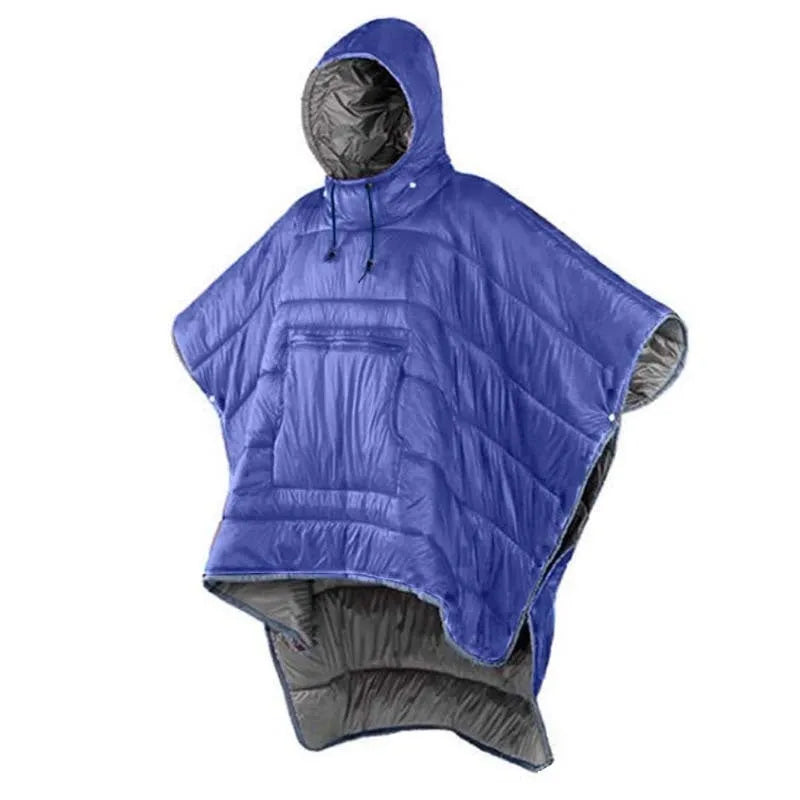 Adult wearable camping cloak sleeping bag showing grey and army green colour options